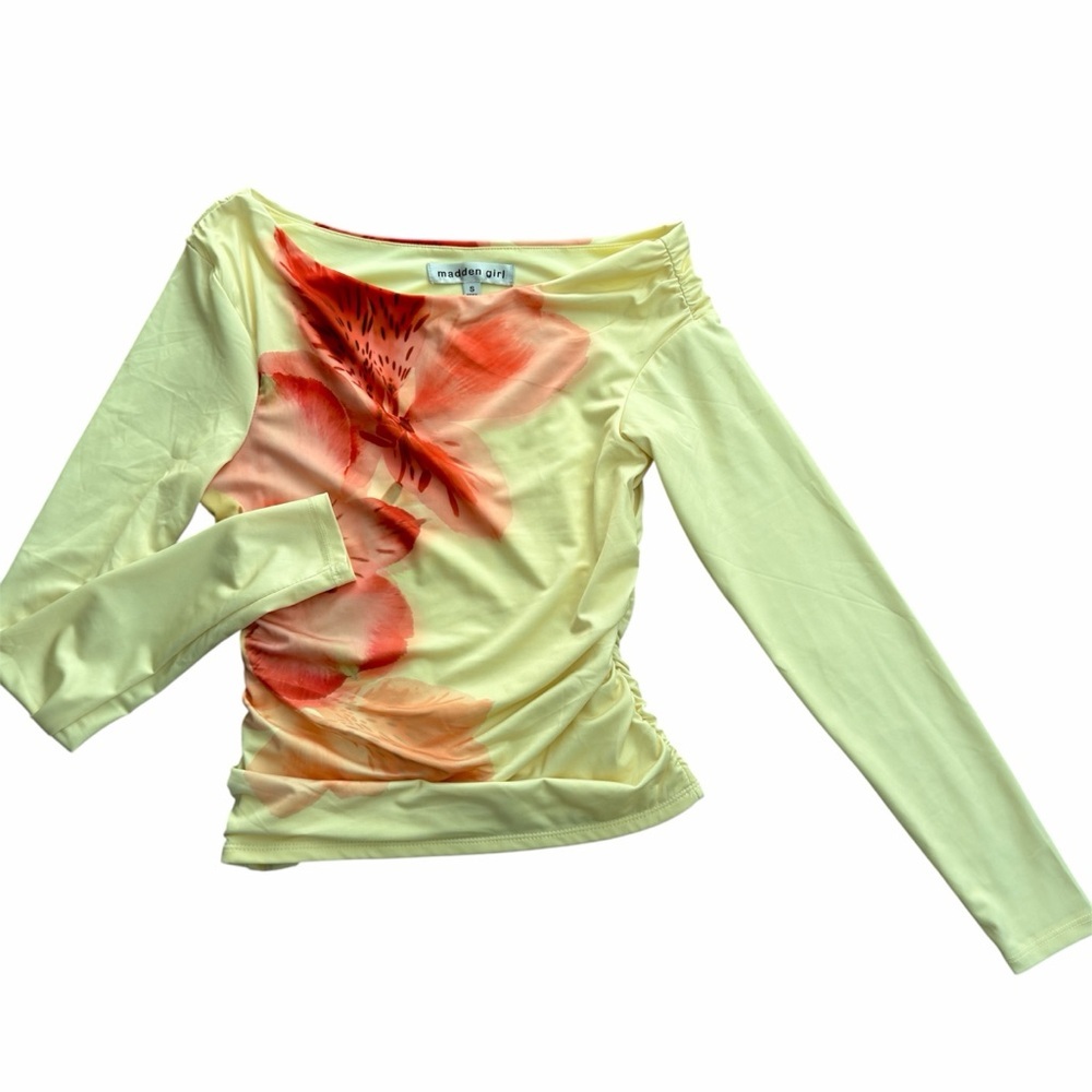 Madden Girl Floral Off Shoulder Ruched Top S Yellow Long Sleeve Y2K Fairycore - Picture 2 of 15